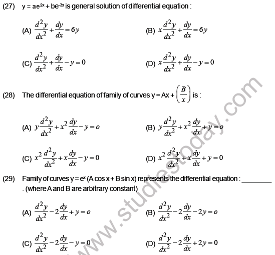 JEE Mathematics Differential Equations MCQs Set B, Multiple Choice